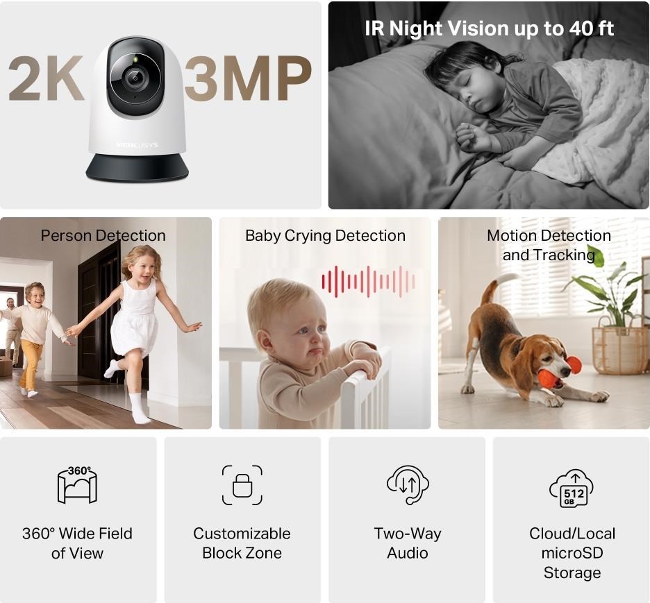 MERCUSYS MC210 domácí/indoor kamera (3MP, 2K, 1296p, IR 12m, WiFi, microSD)
