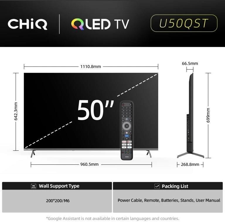 CHiQ U50QST TV 50", UHD, QLED, ultratenká, Google TV, DLG 120 Hz, Dolby Audio, Frameless, metalická