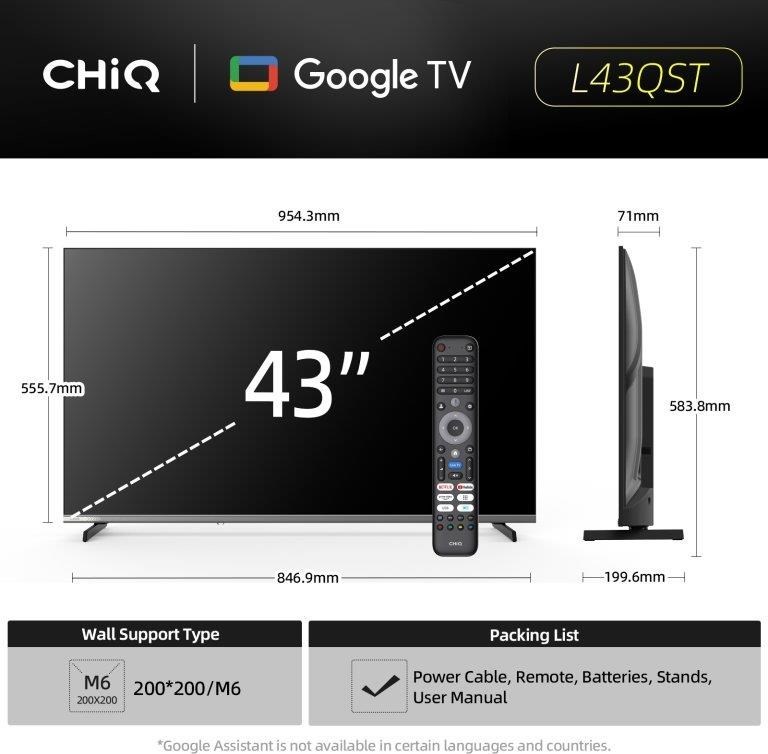 CHiQ L43QST TV 43", FHD, QLED, ultratenká, Android14, Dolby Audio, Frameless