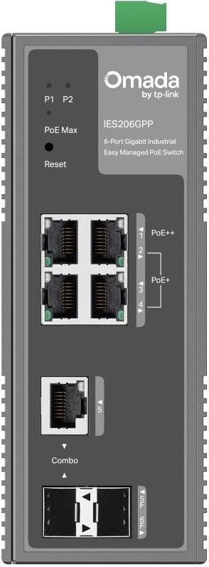 TP-Link OMADA průmyslový switch IES206GPP (4xGbE,1xGbE/SFPcombo,1xSFP,3xPoE+,1xPoE++,120W,DIN,IP40,fanless)