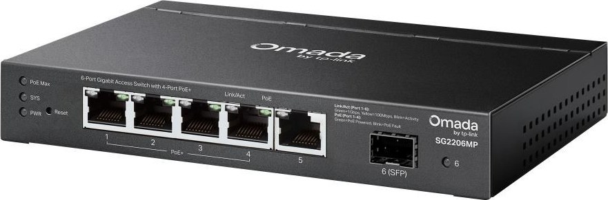 TP-Link OMADA switch SG2206MP (5xGbE,1xSFP,4xPoE+,63W,fanless)