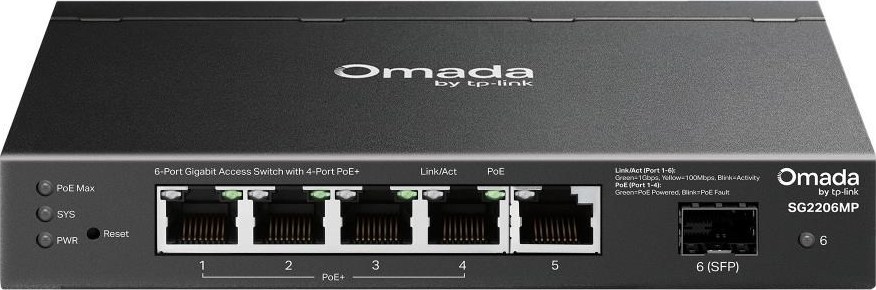 TP-Link OMADA switch SG2206MP (5xGbE,1xSFP,4xPoE+,63W,fanless)