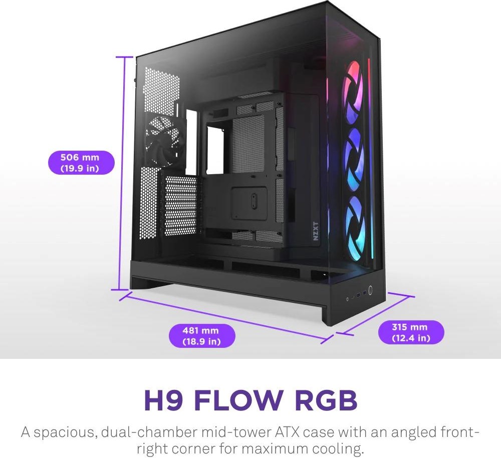 NZXT skříň H9 Flow RGB dvoukomorová ATX / 1x140 RGB mm / 1x 120mm RGB fan / prosklená / černá