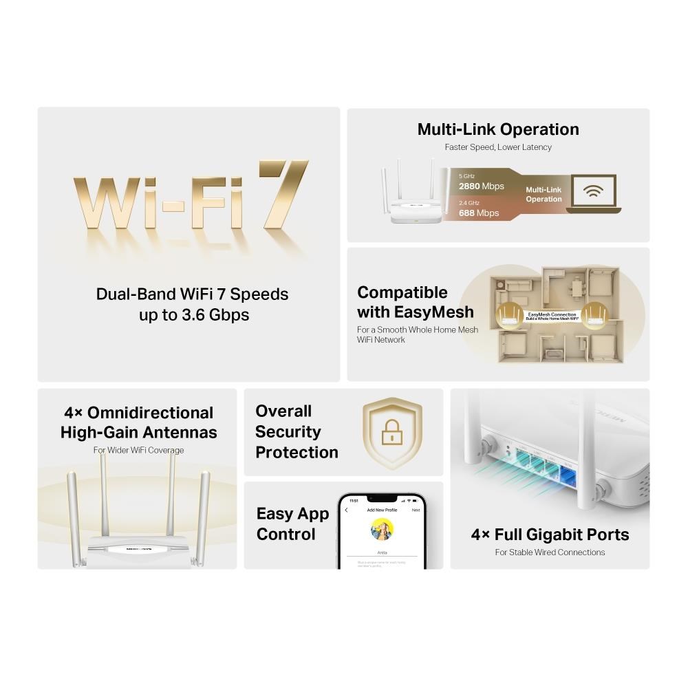MERCUSYS MR25WBE EasyMesh WiFi7 router (BE3600, 2,4GHz/5GHz,1xGbEWAN,3xGbELAN)