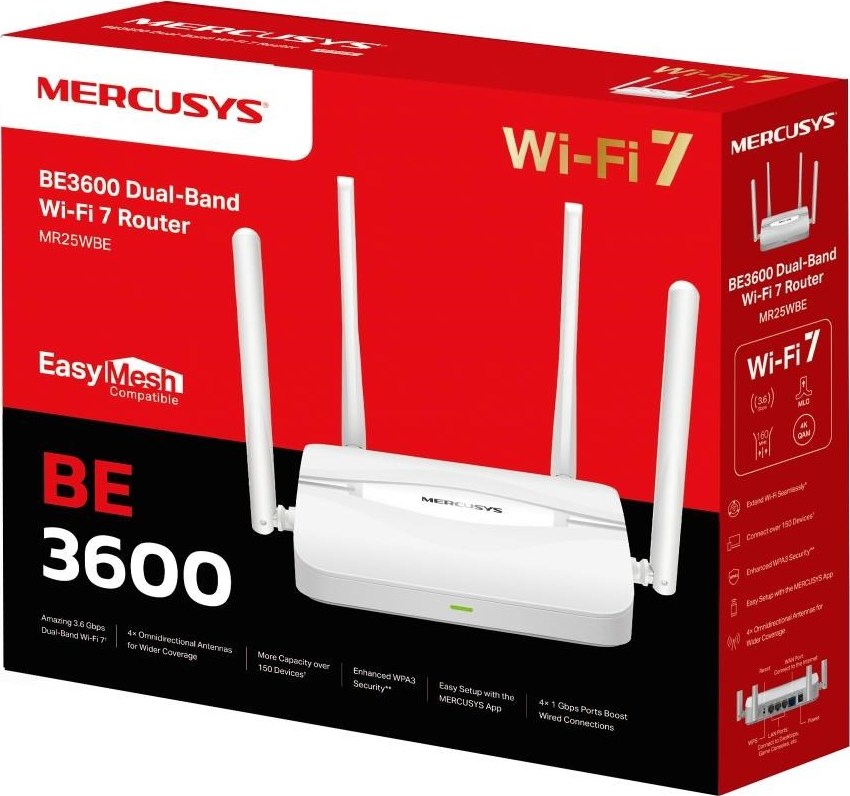 MERCUSYS MR25WBE EasyMesh WiFi7 router (BE3600, 2,4GHz/5GHz,1xGbEWAN,3xGbELAN)