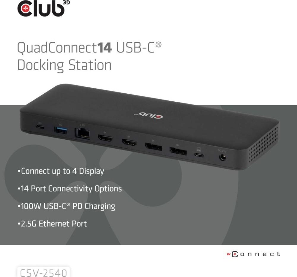 Club 3D Club3D Dokovací stanice USB-C 14v1, 2xHDMI, 2xDP, 3xUSB-C, 1xUSB-C PD, 2xUSB, 1xRJ45, 1x3.5mm, microSD/SD, černá