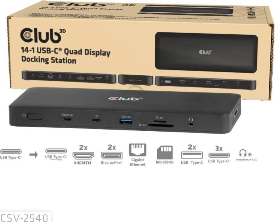 Club 3D Club3D Dokovací stanice USB-C 14v1, 2xHDMI, 2xDP, 3xUSB-C, 1xUSB-C PD, 2xUSB, 1xRJ45, 1x3.5mm, microSD/SD, černá