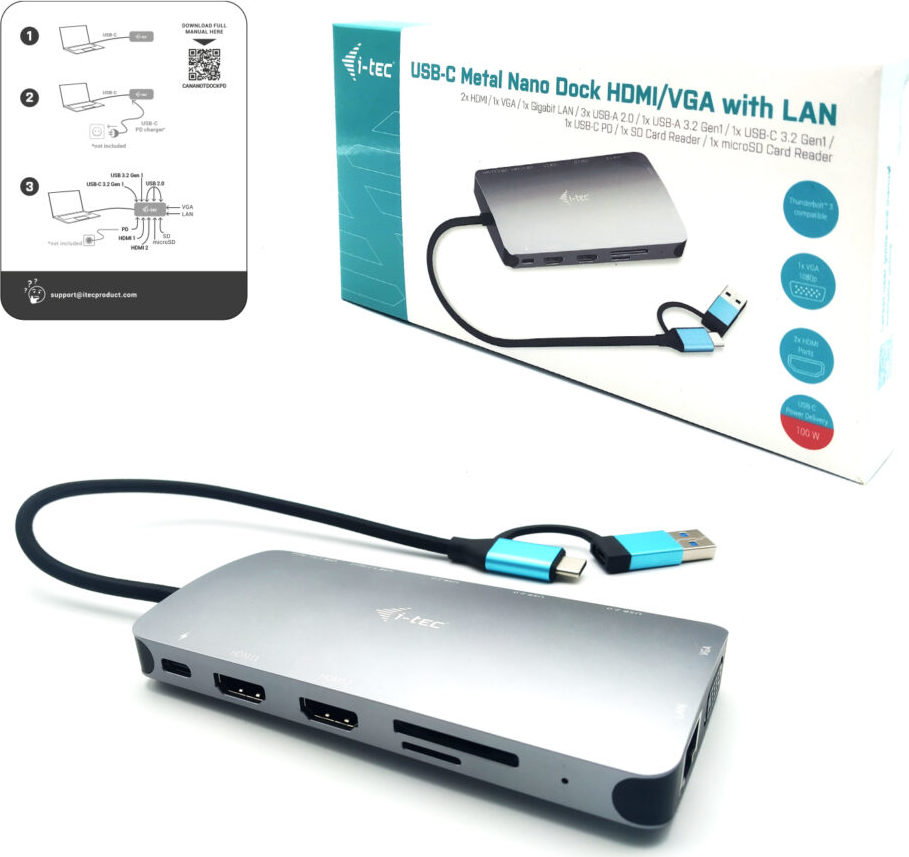 i-tec USB 3.0 USB-C/Thunderbolt 3x Display Metal Nano Dock with LAN, PD 100 W