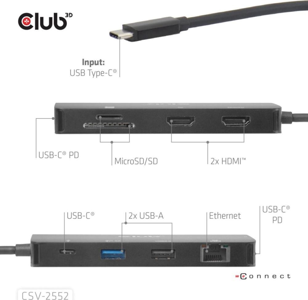 Club 3D Club3D Dokovací stanice USB-C 9v1, 2xHDMI, 1xUSB-C, 1xUSB-C PD, 2xUSB, 1xRJ45, microSD/SD, černá