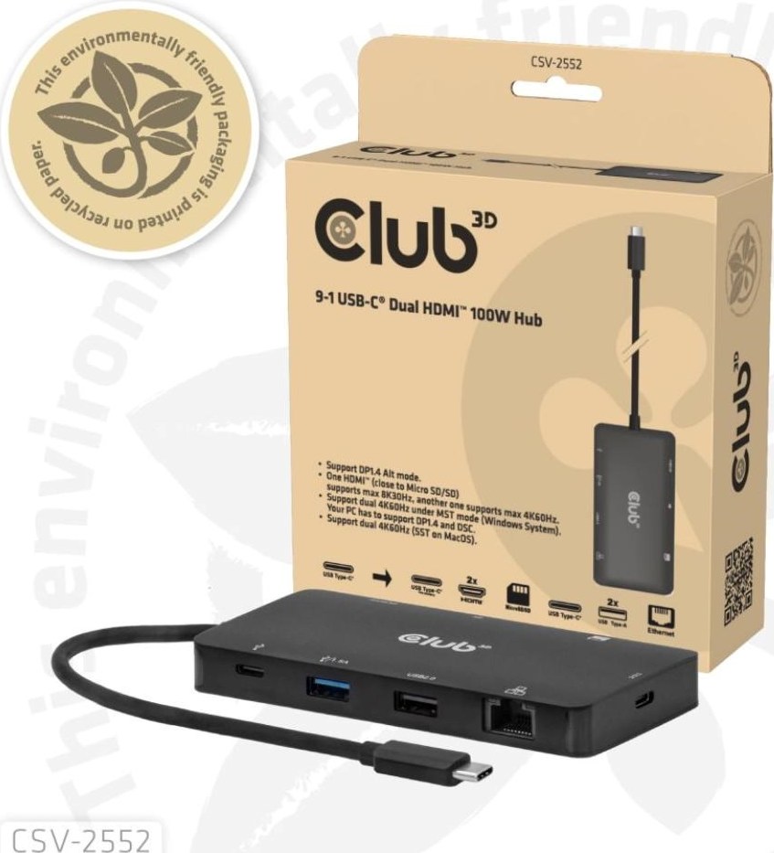 Club 3D Club3D Dokovací stanice USB-C 9v1, 2xHDMI, 1xUSB-C, 1xUSB-C PD, 2xUSB, 1xRJ45, microSD/SD, černá