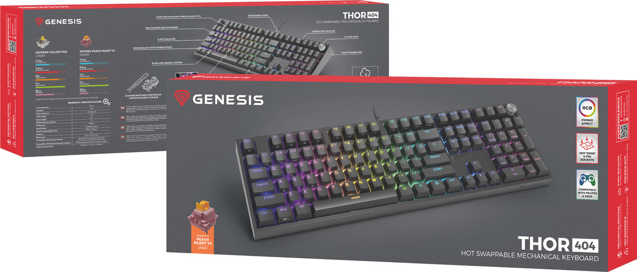 Herní mechanická klávesnice Genesis THOR 404/RGB/Outemu Peach Silent/Drátové USB-A/US layout/Černá