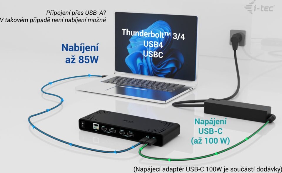 i-tec Universal Dual 4K Display Docking Station, Power Delivery 85W + i-tec USB-C Charger 100W