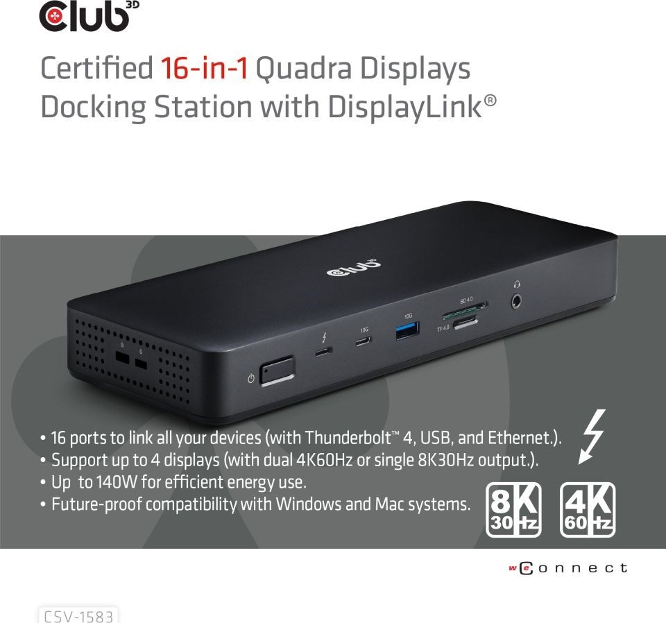 Club 3D Club3D Dokovací stanice USB-C 16v1, 3xDP, 2xHDMI, 1xUSB-C, 3xUSB, 1xRJ45, 1x3.5mm, černá