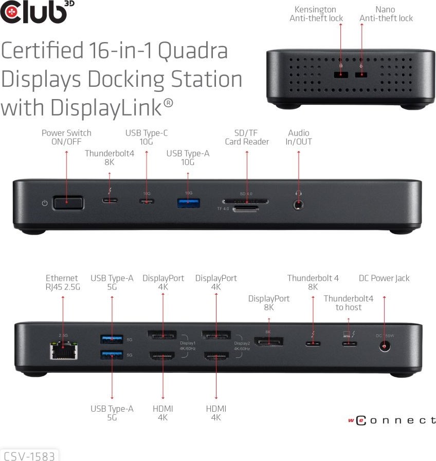 Club 3D Club3D Dokovací stanice USB-C 16v1, 3xDP, 2xHDMI, 1xUSB-C, 3xUSB, 1xRJ45, 1x3.5mm, černá