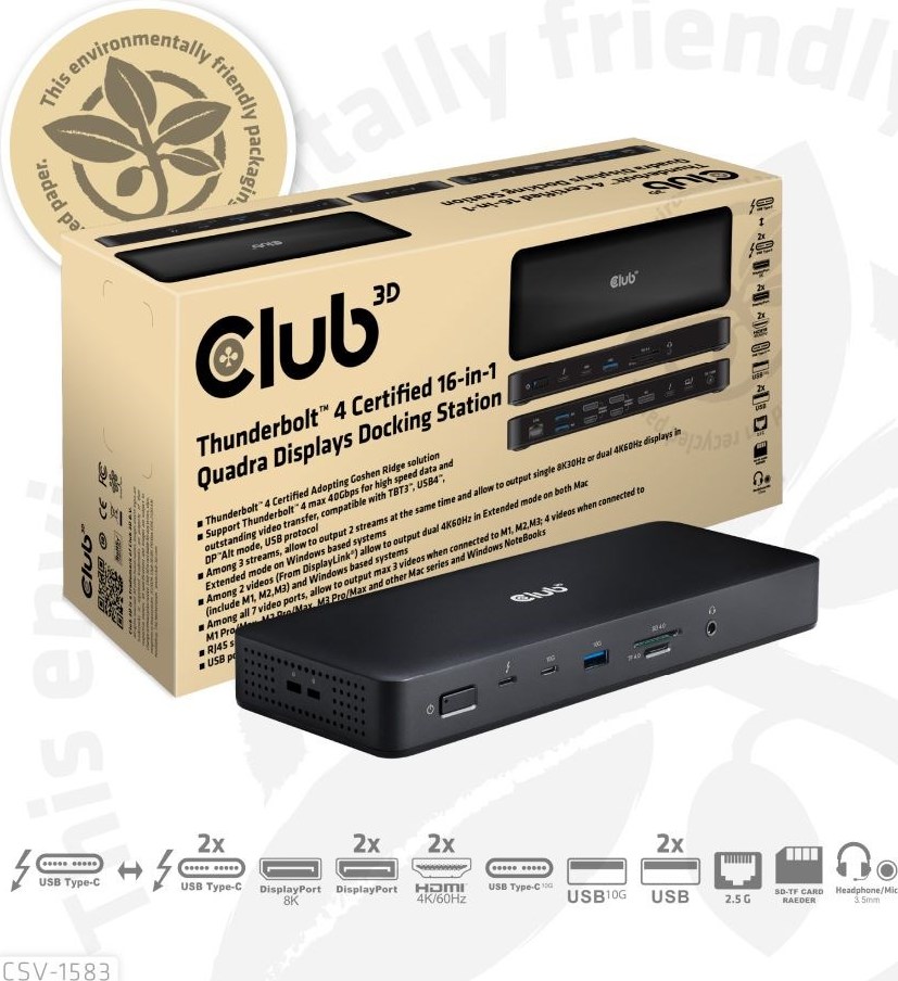 Club 3D Club3D Dokovací stanice USB-C 16v1, 3xDP, 2xHDMI, 1xUSB-C, 3xUSB, 1xRJ45, 1x3.5mm, černá