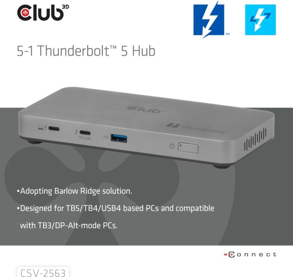 Club 3D Club3D hub Thunderbolt 5 5v1, 3x USB-C TB5, 1x USB-A, 1x8K60Hz, 3x 5K60Hz, certifikace Thunderbolt Share, 180W