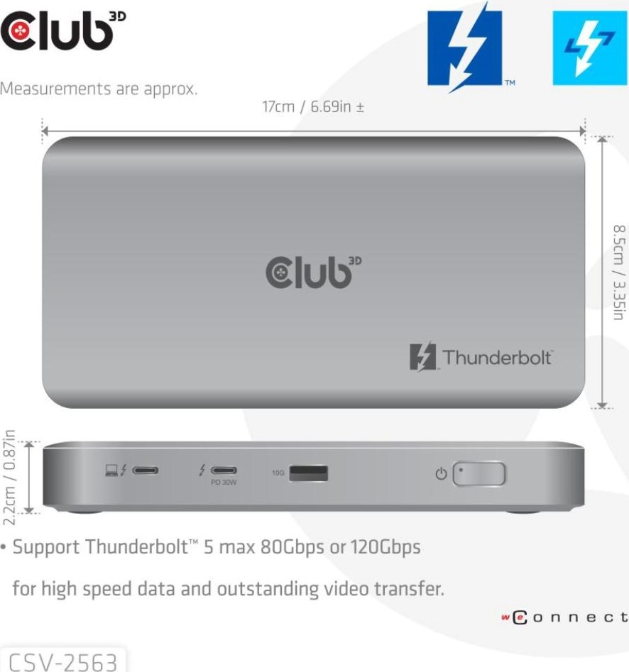 Club 3D Club3D hub Thunderbolt 5 5v1, 3x USB-C TB5, 1x USB-A, 1x8K60Hz, 3x 5K60Hz, certifikace Thunderbolt Share, 180W