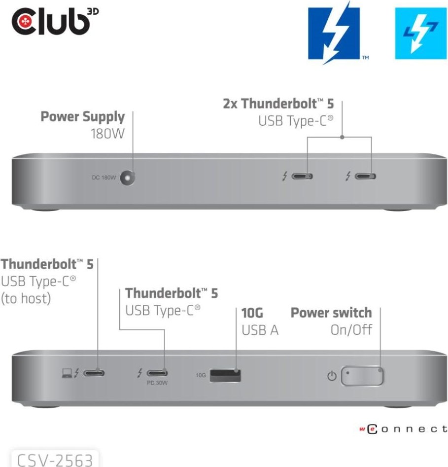 Club 3D Club3D hub Thunderbolt 5 5v1, 3x USB-C TB5, 1x USB-A, 1x8K60Hz, 3x 5K60Hz, certifikace Thunderbolt Share, 180W