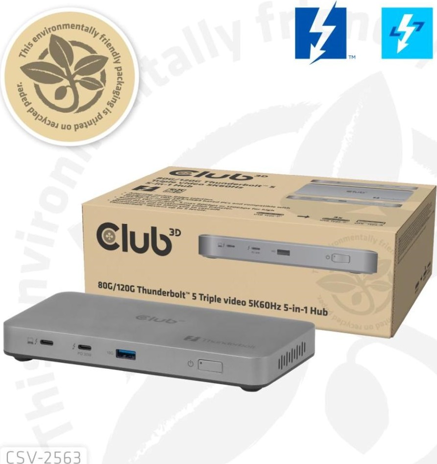 Club 3D Club3D hub Thunderbolt 5 5v1, 3x USB-C TB5, 1x USB-A, 1x8K60Hz, 3x 5K60Hz, certifikace Thunderbolt Share, 180W