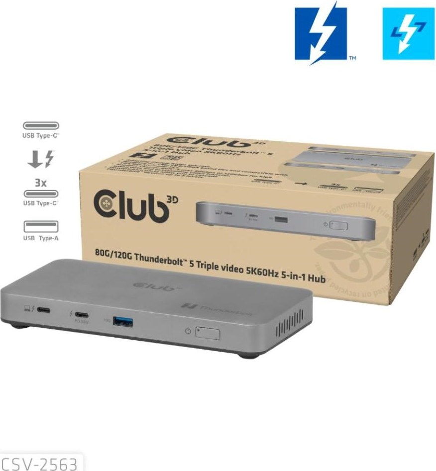 Club 3D Club3D hub Thunderbolt 5 5v1, 3x USB-C TB5, 1x USB-A, 1x8K60Hz, 3x 5K60Hz, certifikace Thunderbolt Share, 180W
