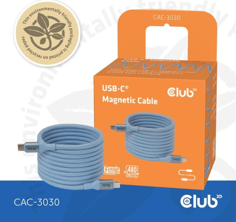 Club 3D Club3D Kabel magnetický USB-C, 240W PD3.1, 480 Mbps, 2m, modrá