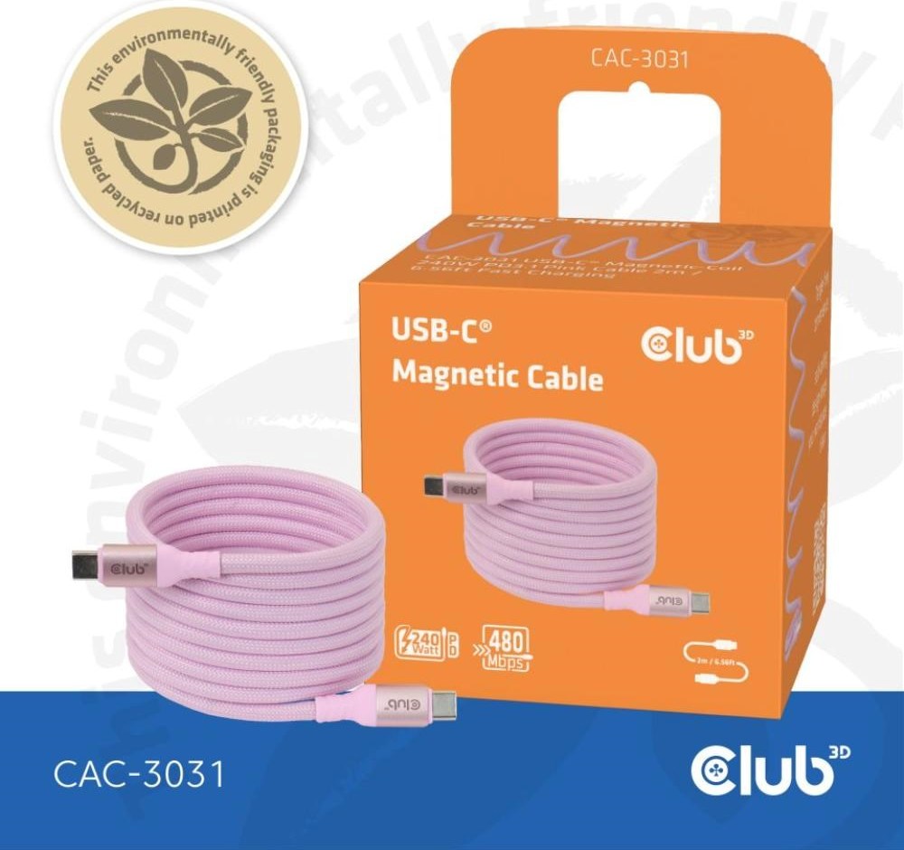 Club 3D Club3D Kabel magnetický USB-C, 240W PD3.1, 480 Mbps, 2m, růžová