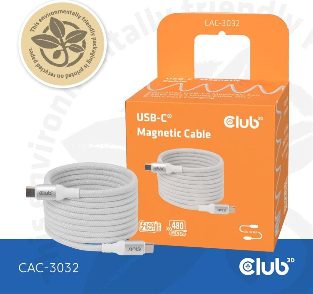 Club 3D Club3D Kabel magnetický USB-C, 240W PD3.1, 480 Mbps, 2m, bílá