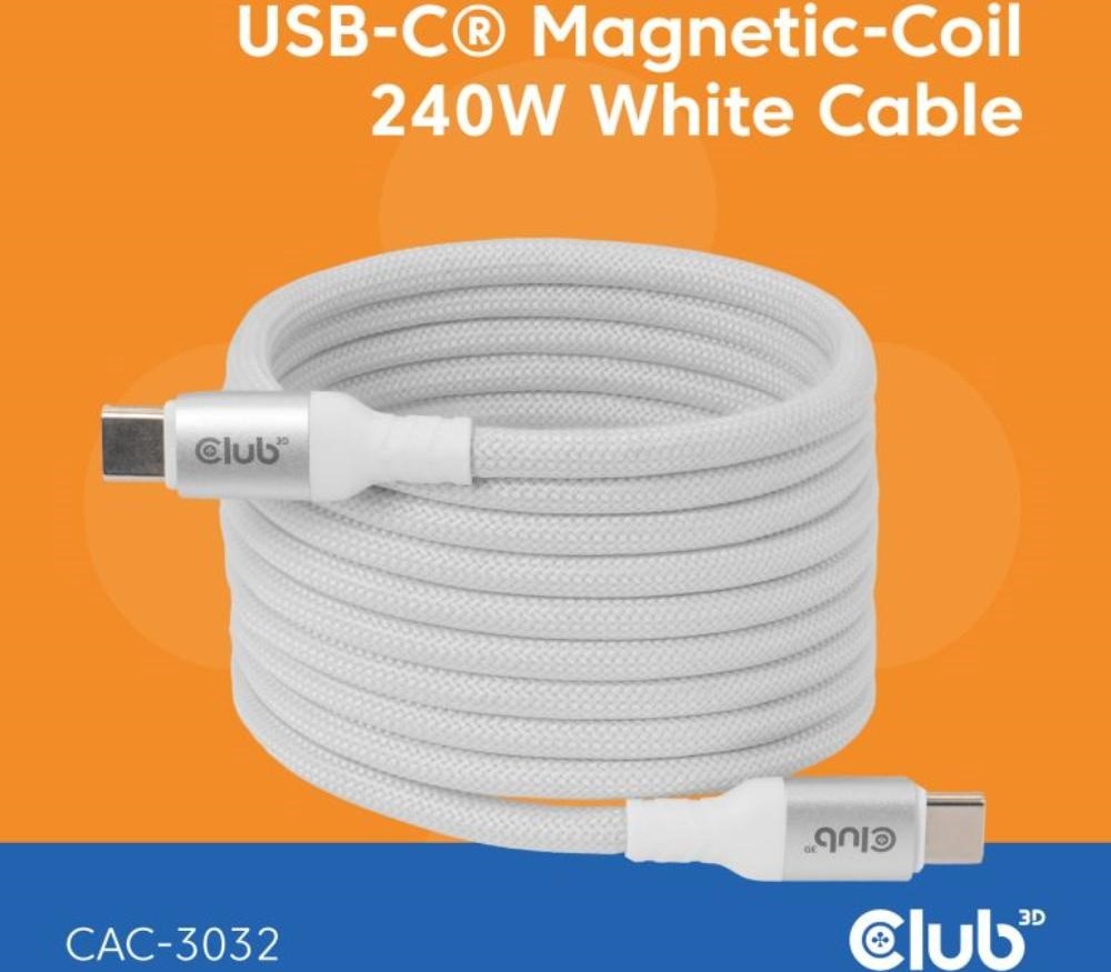 Club 3D Club3D Kabel magnetický USB-C, 240W PD3.1, 480 Mbps, 2m, bílá