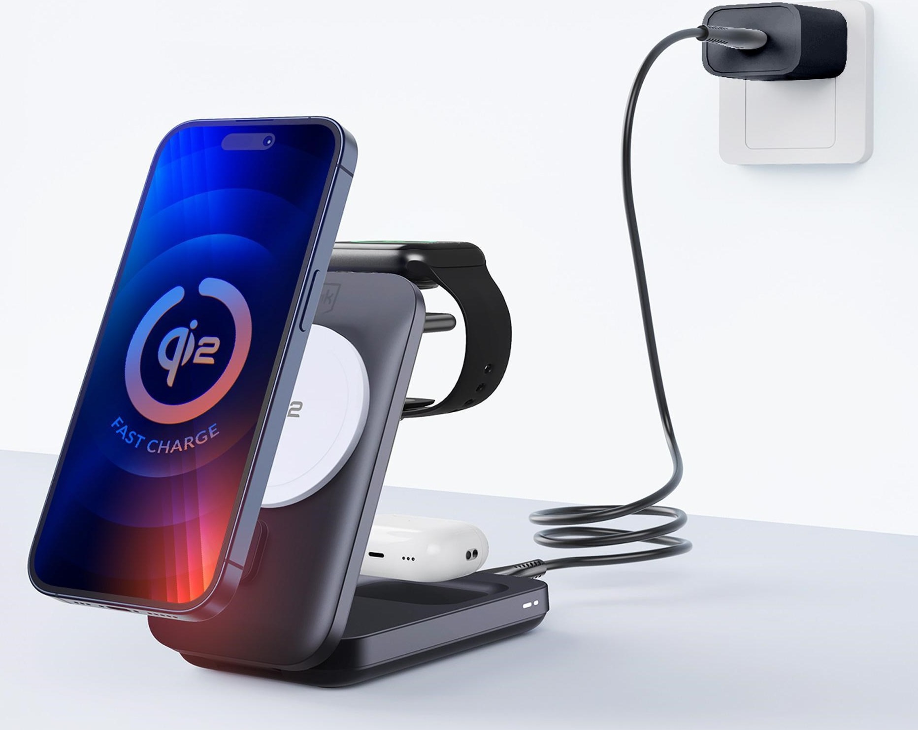 3mk bezdrátová nabíječka - MagRocket 3-in-1, technologie Qi2, 15W, černá