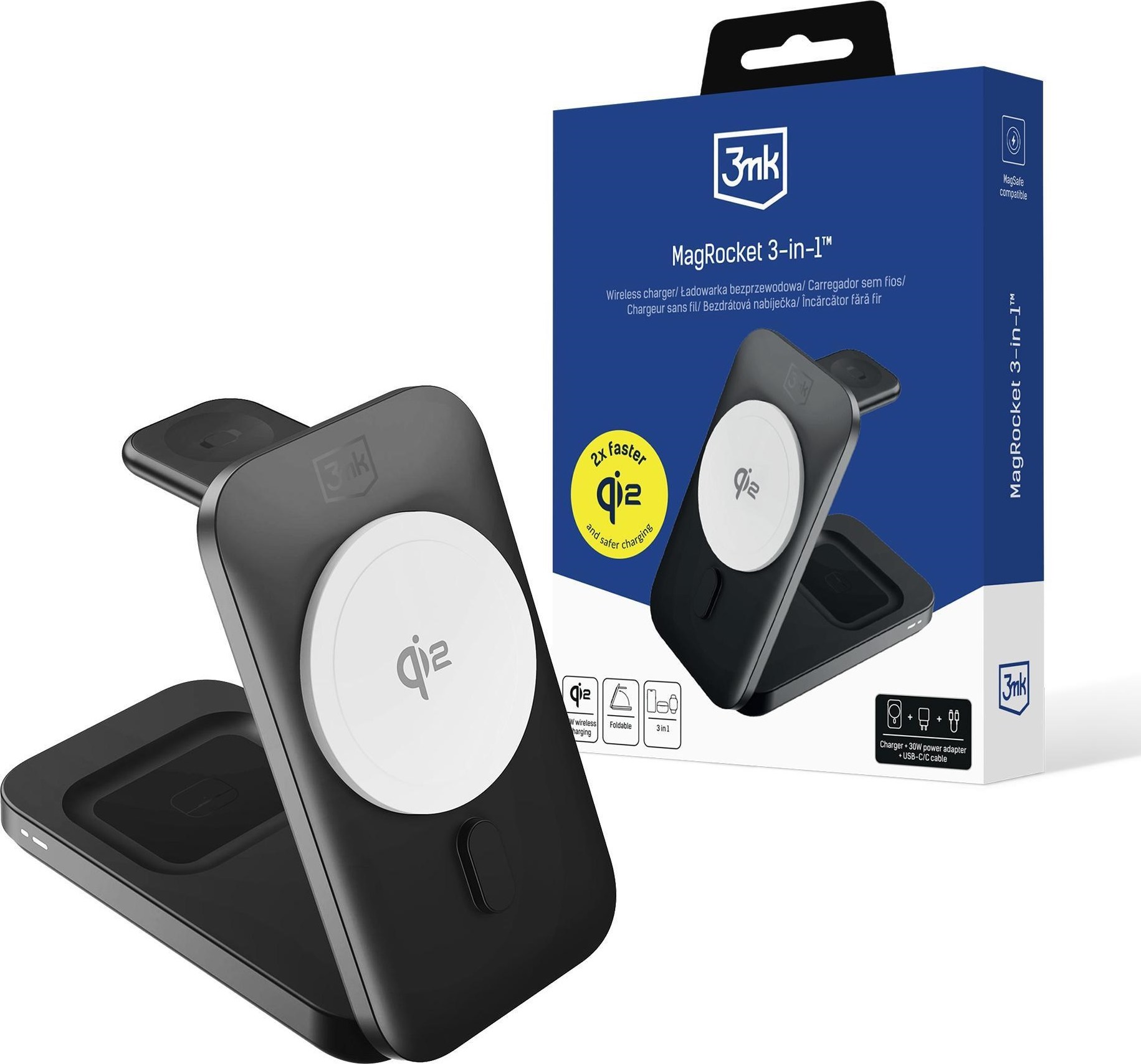 3mk bezdrátová nabíječka - MagRocket 3-in-1, technologie Qi2, 15W, černá