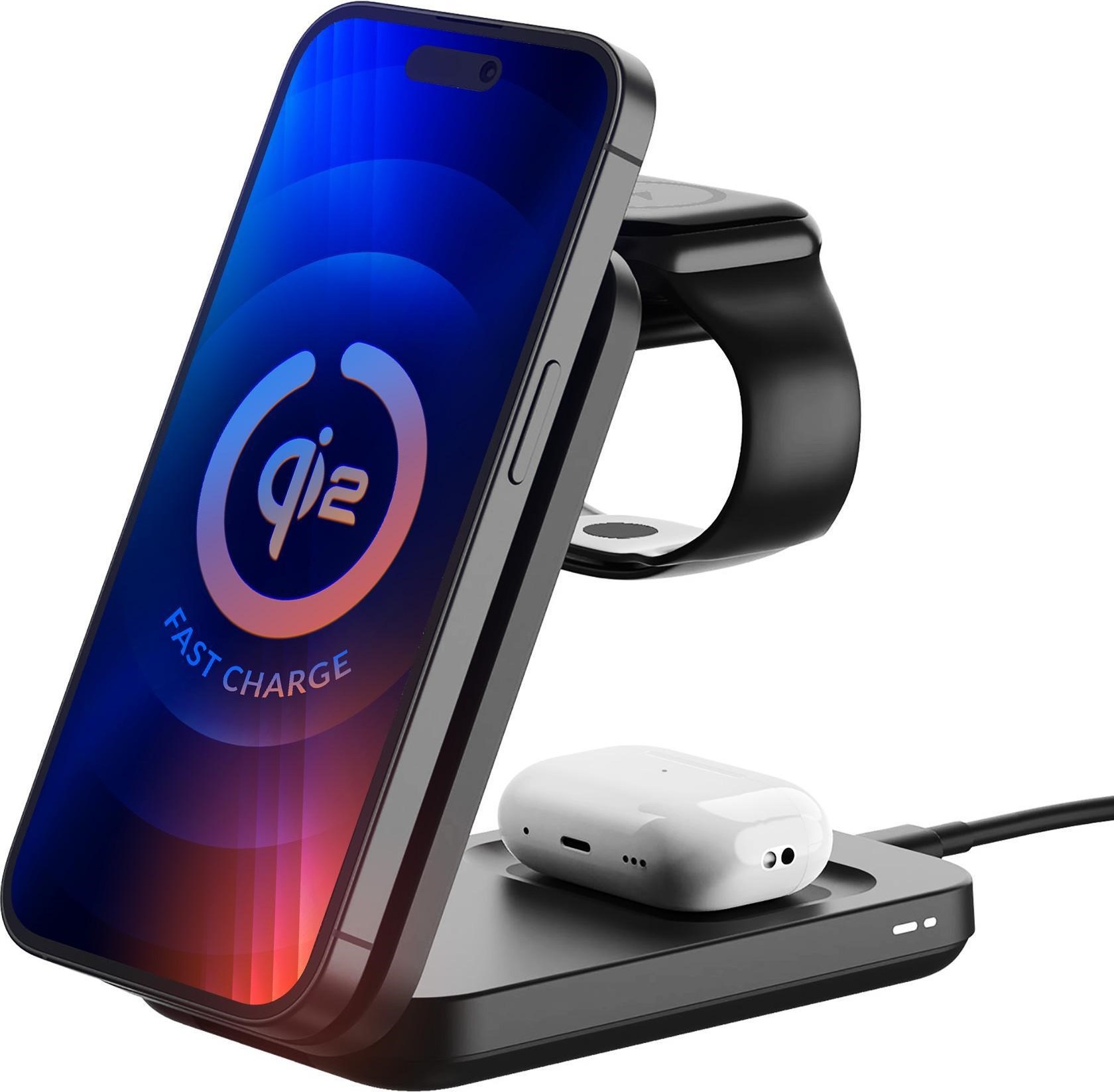 3mk bezdrátová nabíječka - MagRocket 3-in-1, technologie Qi2, 15W, černá