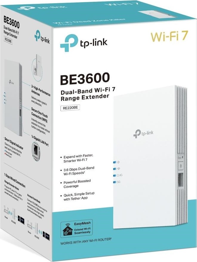 TP-Link RE220BE EasyMesh WiFi7 Extender/Repeater (BE3600,2,4GHz/5GHz,1xGbE)