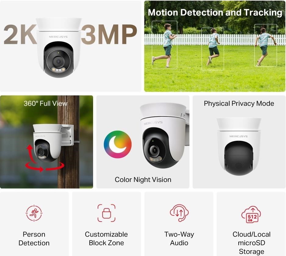 MERCUSYS MC510 venkovní-outdoor kamera (3MP, 2K, 1296p, IR 30m, WiFi, microSD)