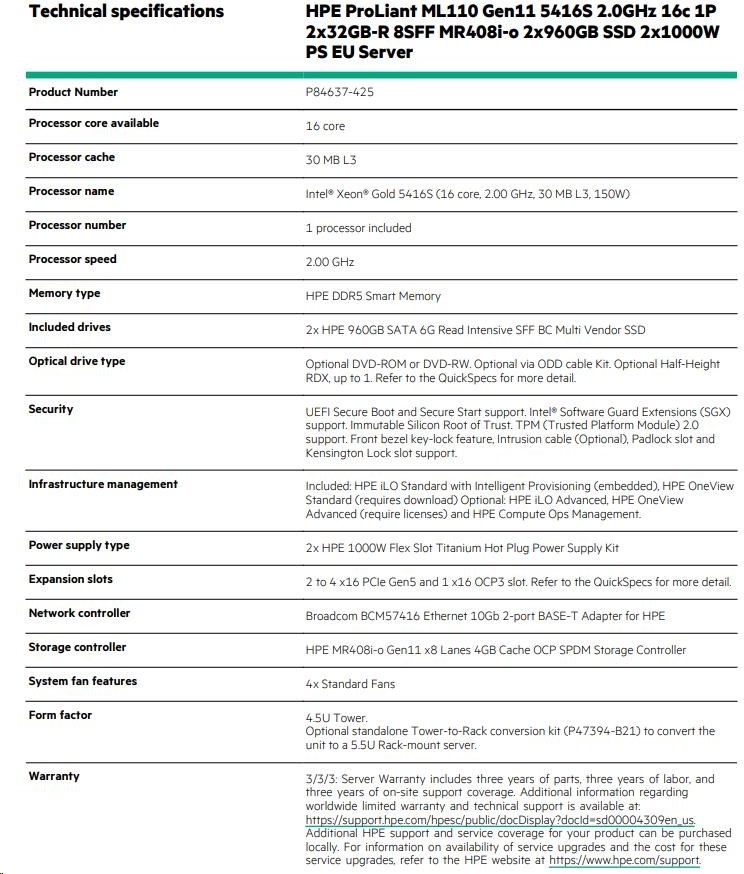 Hewlett Packard Enterprise HPE PL ML110g11 5416S (2.0G/16C) 2x32G (p43328) 2x960G 2x1000W MR408i-o 8SFF 2p10GT Smart Choice