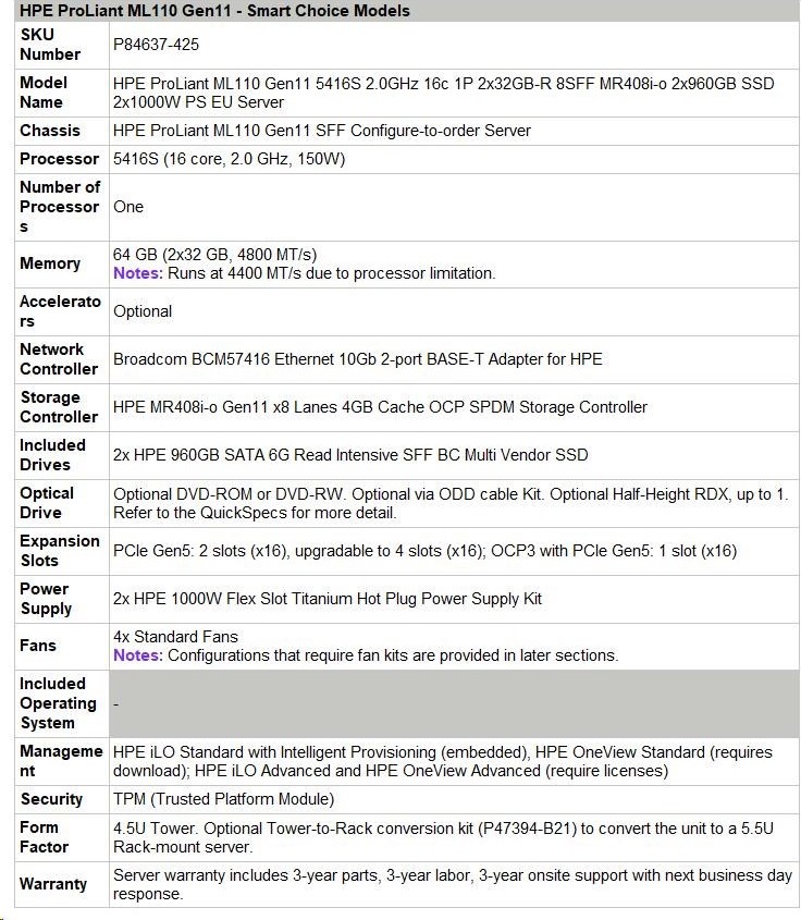 Hewlett Packard Enterprise HPE PL ML110g11 5416S (2.0G/16C) 2x32G (p43328) 2x960G 2x1000W MR408i-o 8SFF 2p10GT Smart Choice