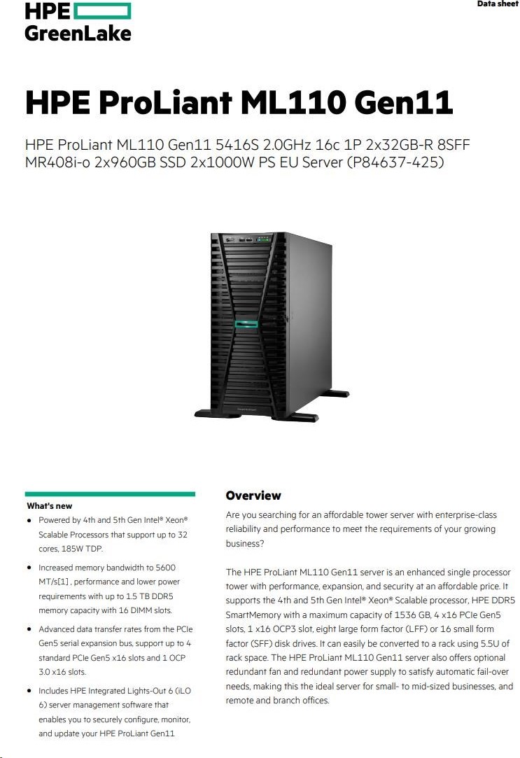 Hewlett Packard Enterprise HPE PL ML110g11 5416S (2.0G/16C) 2x32G (p43328) 2x960G 2x1000W MR408i-o 8SFF 2p10GT Smart Choice