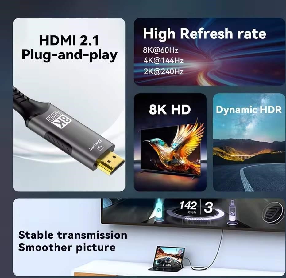 PremiumCord DisplayPort 1.4 na HDMI2.1 kabel pro rozlišení 8K@60Hz,4K@144Hz, 2m