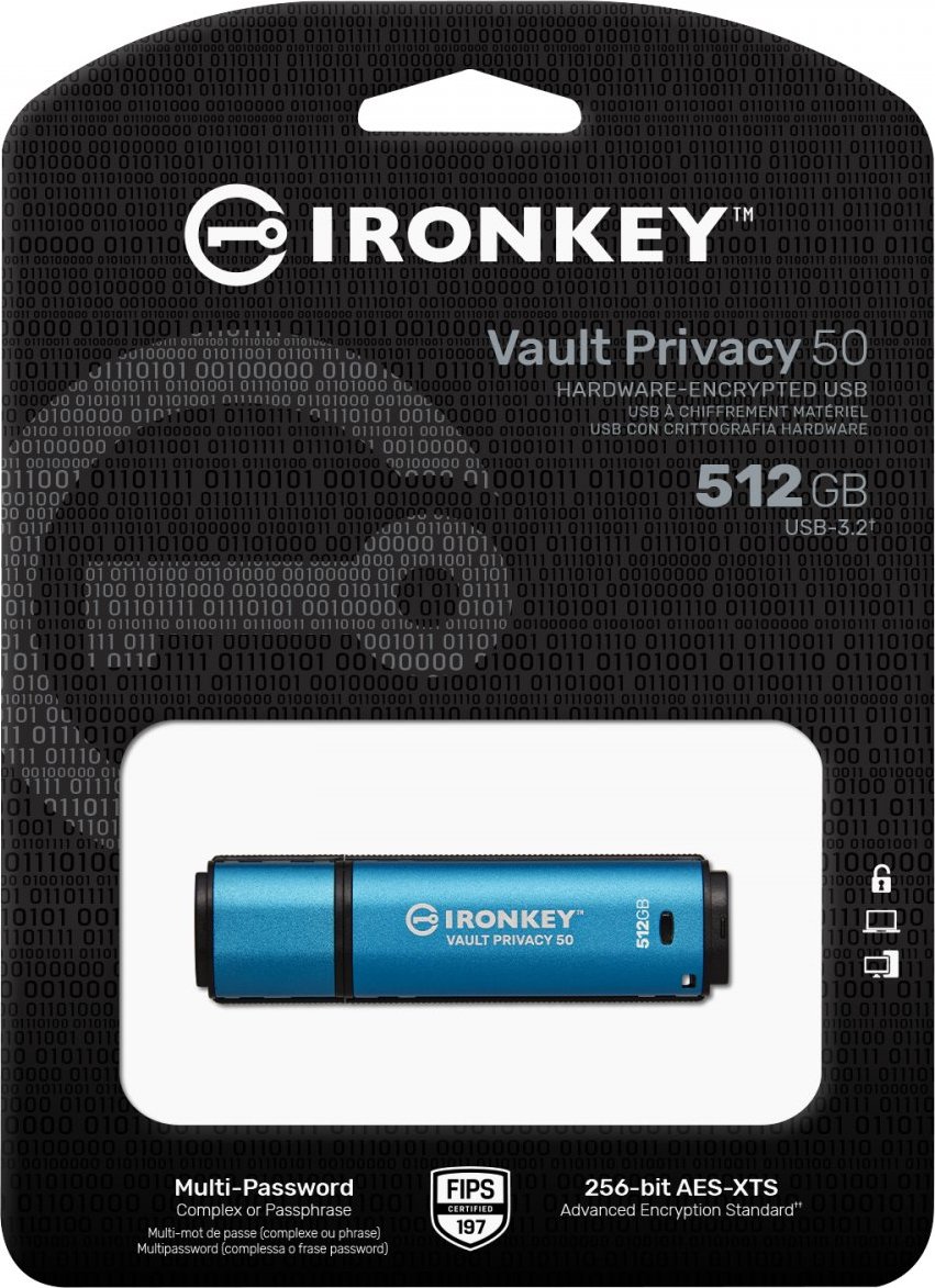 Kingston Ironkey Vault Privacy 50/512GB/USB 3.2/USB-A/Modrá