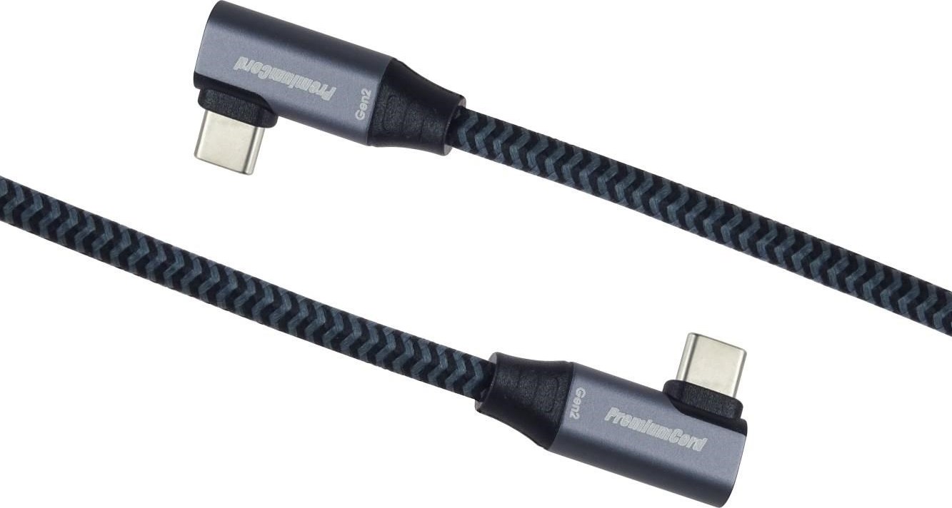 PremiumCord USB-C 2x zahnutý kabel ( USB 3.2 GEN 2x2, 5A, 100W, 20Gbit/s ) bavlněný oplet, délka: 2m