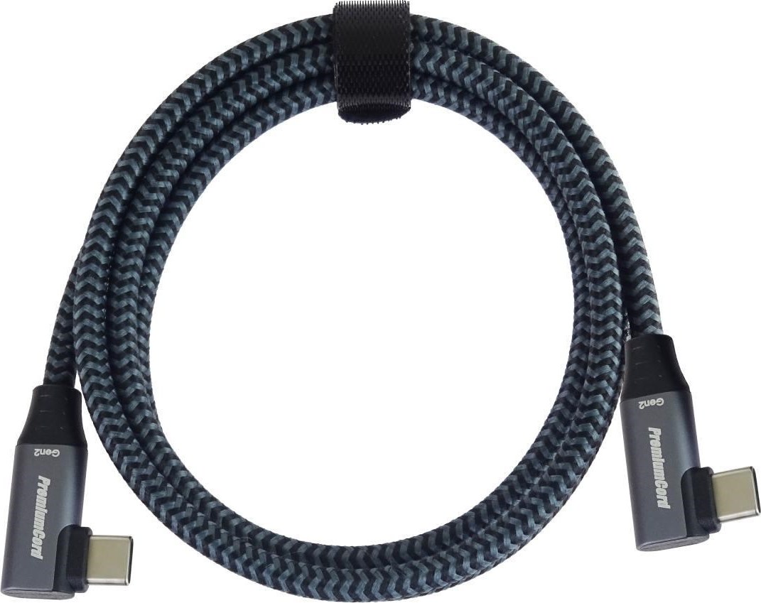 PremiumCord USB-C 2x zahnutý kabel ( USB 3.2 GEN 2x2, 5A, 100W, 20Gbit/s ) bavlněný oplet, délka: 2m