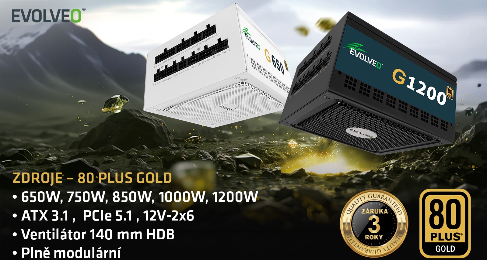EVOLVEO G650 zdroj 650W, 80+ GOLD, ATX 3.1, aPFC, 140 mm ventilátor