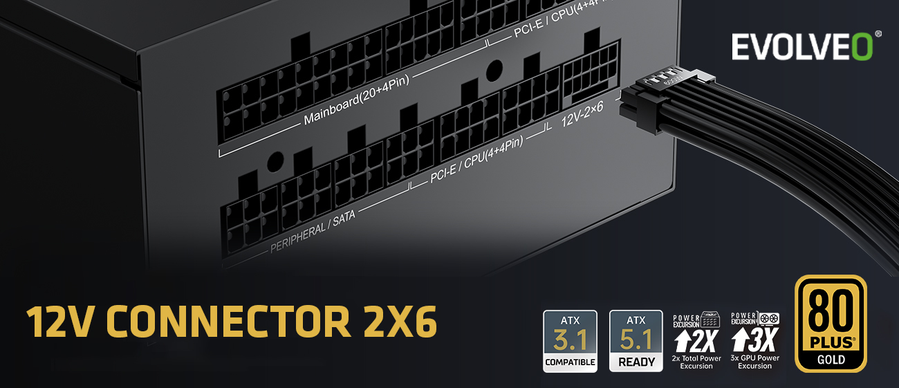 EVOLVEO G650 zdroj 650W, 80+ GOLD, ATX 3.1, aPFC, 140 mm ventilátor