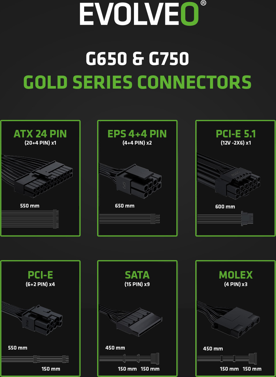 EVOLVEO G650 zdroj 650W, 80+ GOLD, ATX 3.1, aPFC, 140 mm ventilátor