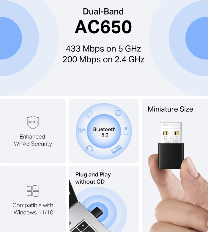 MERCUSYS MA20NB WiFi5 USB nano adapter (AC650,2,4GHz/5GHz,Bluetooth5.0,USB2.0)