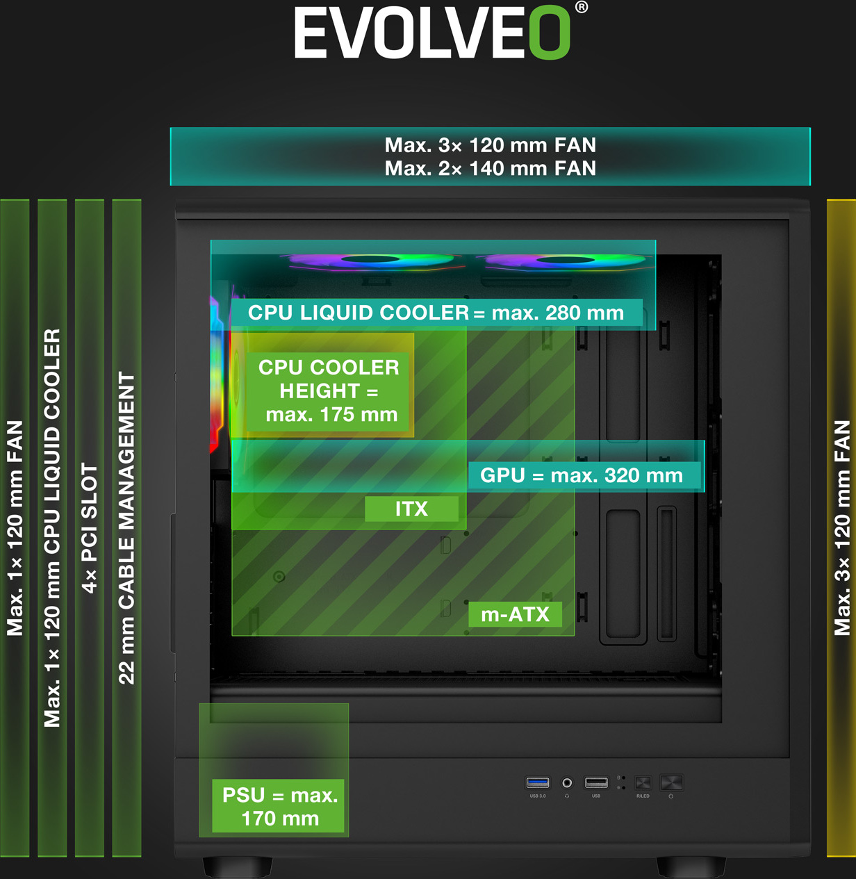 EVOLVEO Panthera, skříň mATX, 6x ARGB ventilátor 120mm, dřevěný přední panel + skleněná bočnice