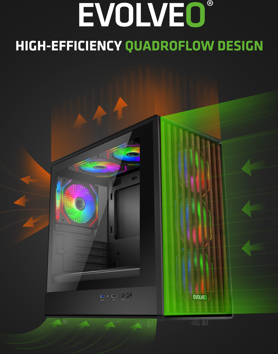 EVOLVEO Panthera, skříň mATX, 6x ARGB ventilátor 120mm, dřevěný přední panel + skleněná bočnice
