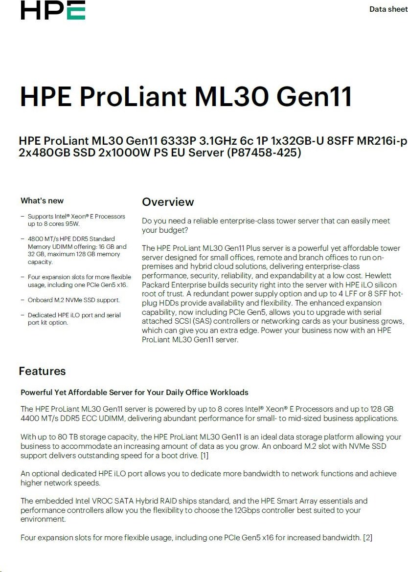 Hewlett Packard Enterprise HPE PL ML30g11 6333P (3.1G/6C12T) 1x32G 2x480G 2x1000W MR216i-p 8SFF 4p1G NBD311 Smart Choice