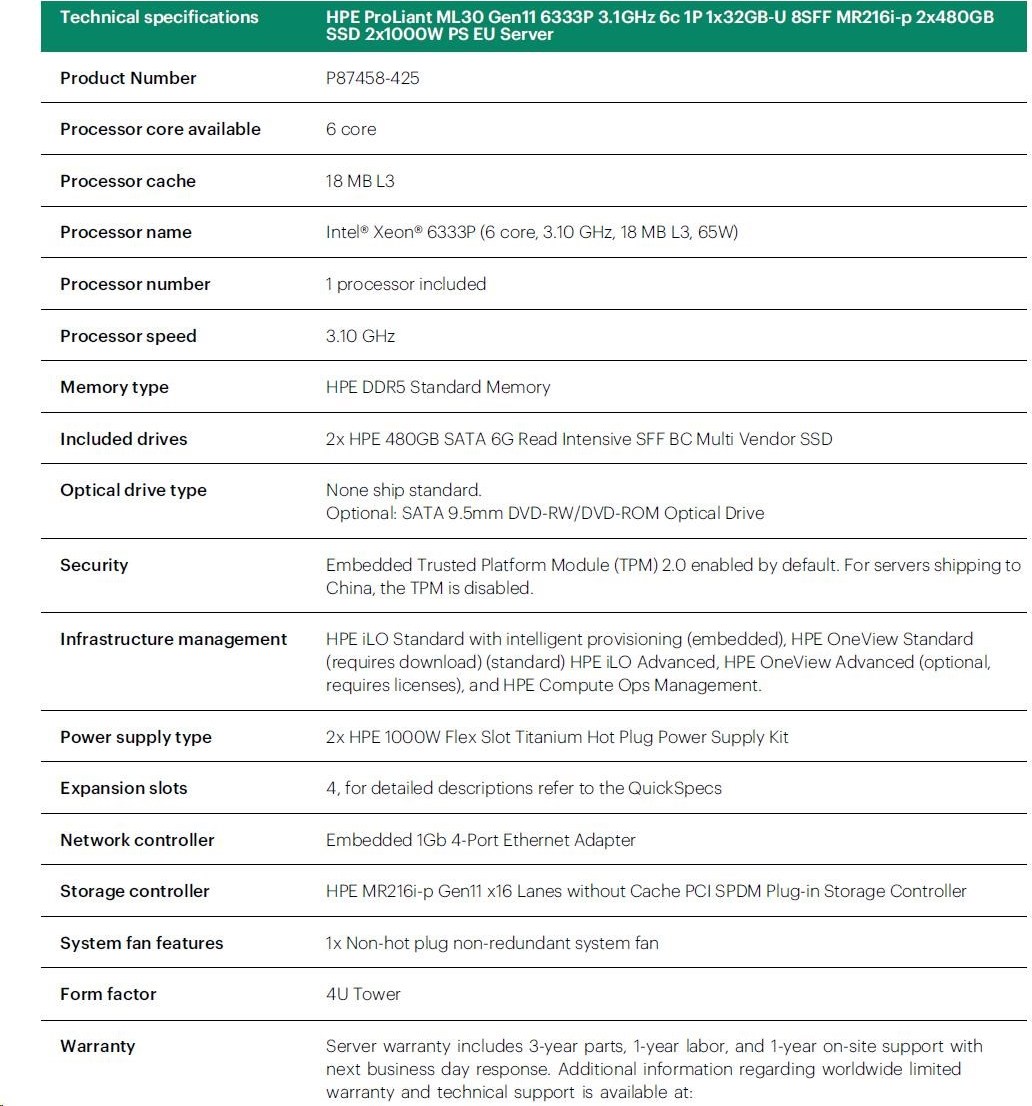 Hewlett Packard Enterprise HPE PL ML30g11 6333P (3.1G/6C12T) 1x32G 2x480G 2x1000W MR216i-p 8SFF 4p1G NBD311 Smart Choice