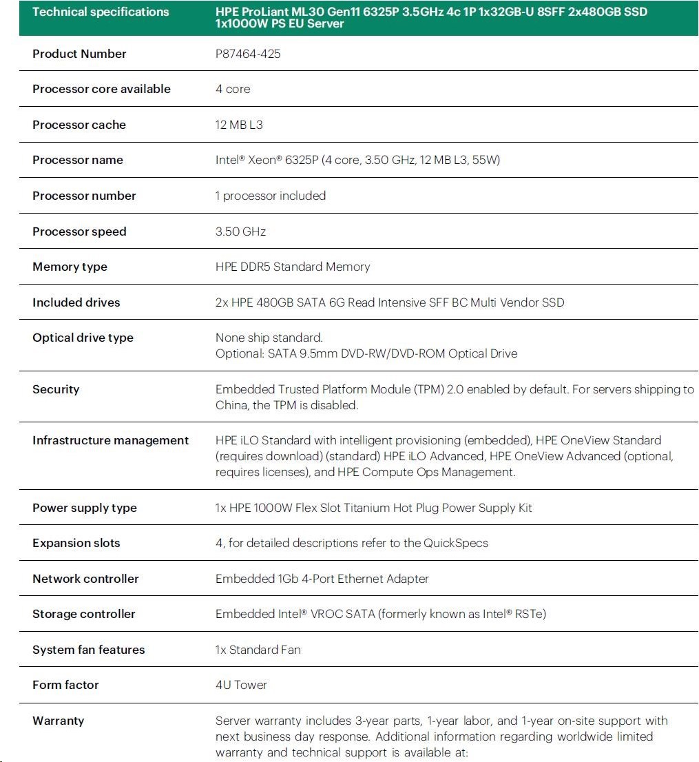 Hewlett Packard Enterprise HPE PL ML30g11 6325P (3.5G/4C8T) 1x32G 2x480G SSD 8SFF VROC 1x1000W 4p1G NBD311 Smart Choice