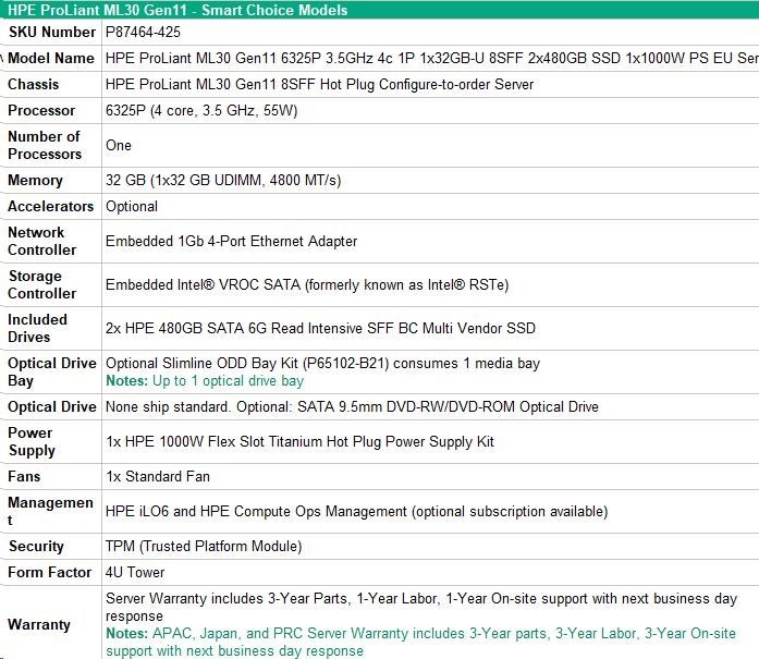 Hewlett Packard Enterprise HPE PL ML30g11 6325P (3.5G/4C8T) 1x32G 2x480G SSD 8SFF VROC 1x1000W 4p1G NBD311 Smart Choice